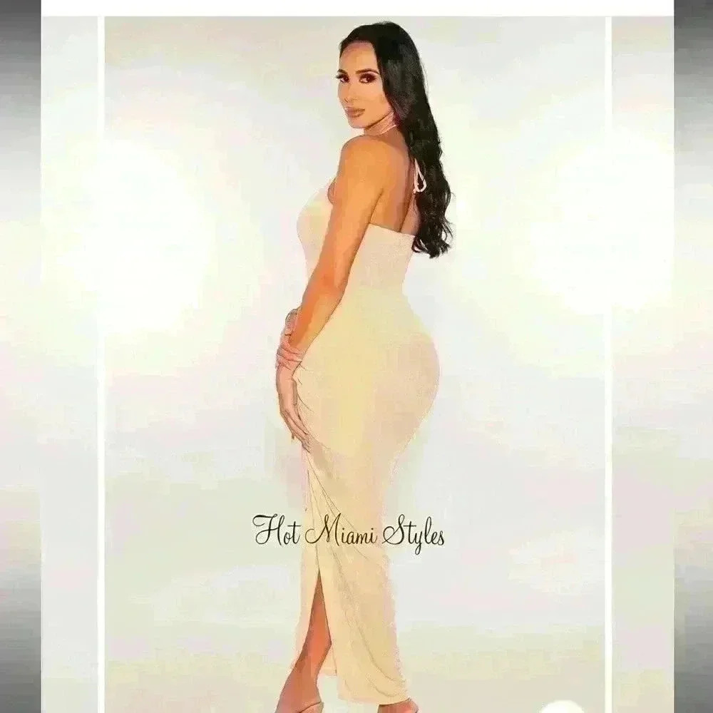 New Nude Ribbed Shimmery Halter Drawstring Slit Maxi Dress.